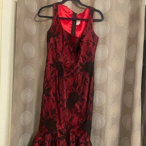 Deadly Dames Micheline Pitt Pinup Red Black Lace Mermaid Shift Wiggle Dress